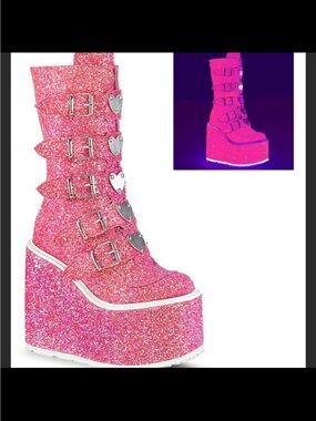 Demonia Pink Glitter Platform Heart Buckle Boots
